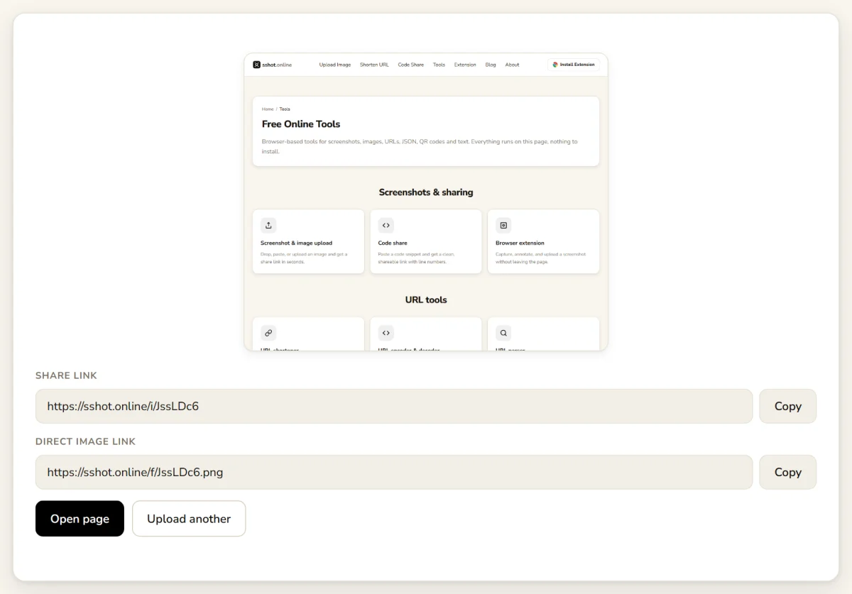 Upload result showing a preview, the share link and the direct image link