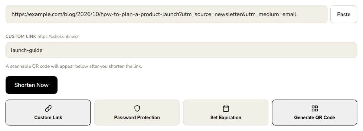 URL shortener with a long URL, a custom link and the QR option turned on
