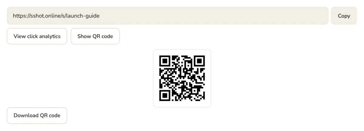 Shortened link result with copy, analytics and QR code buttons