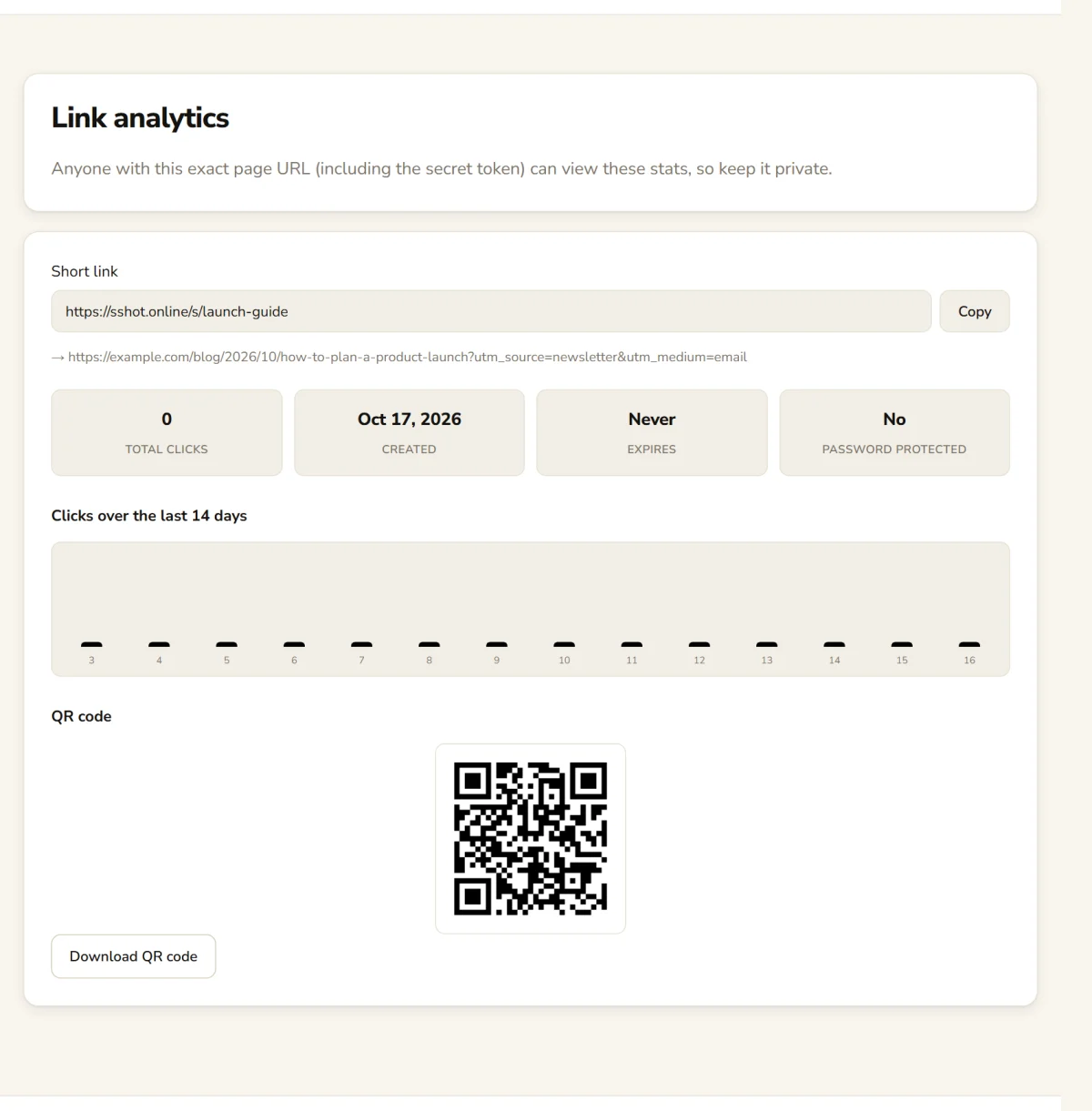 Link analytics page showing total clicks, a 14-day chart and the QR code