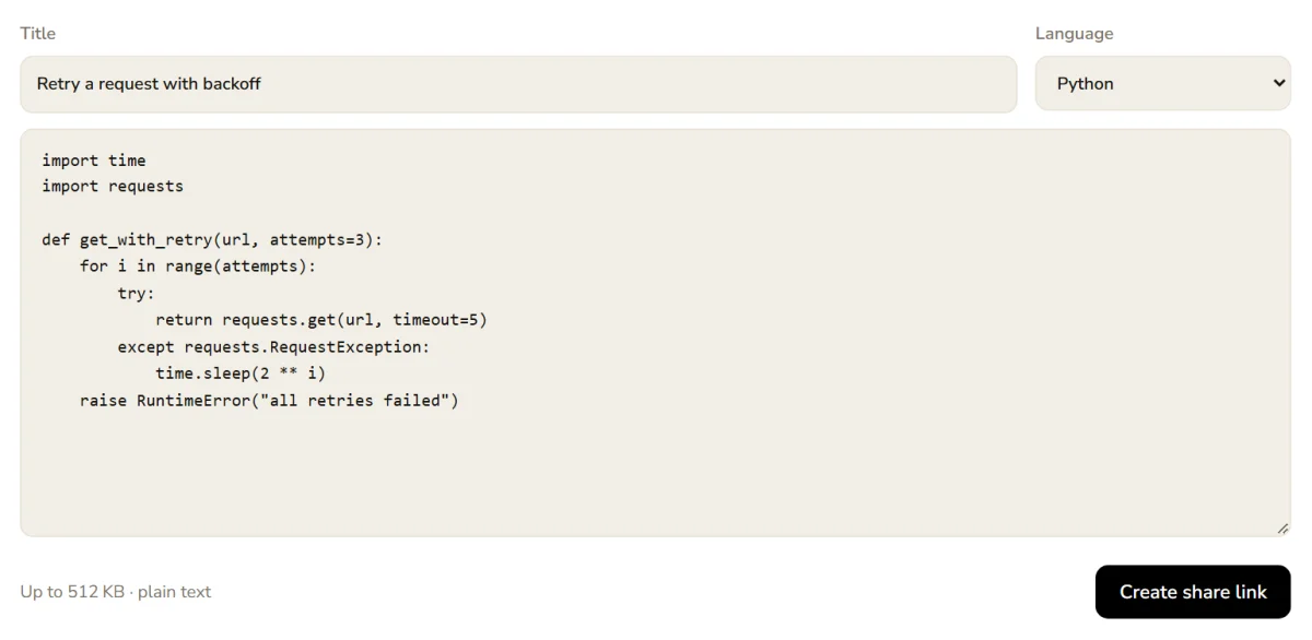 Code share form with a title, Python selected and a code snippet pasted in