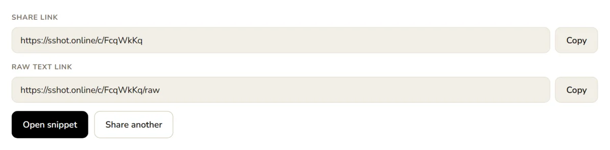 Code share result with a share link and a raw text link