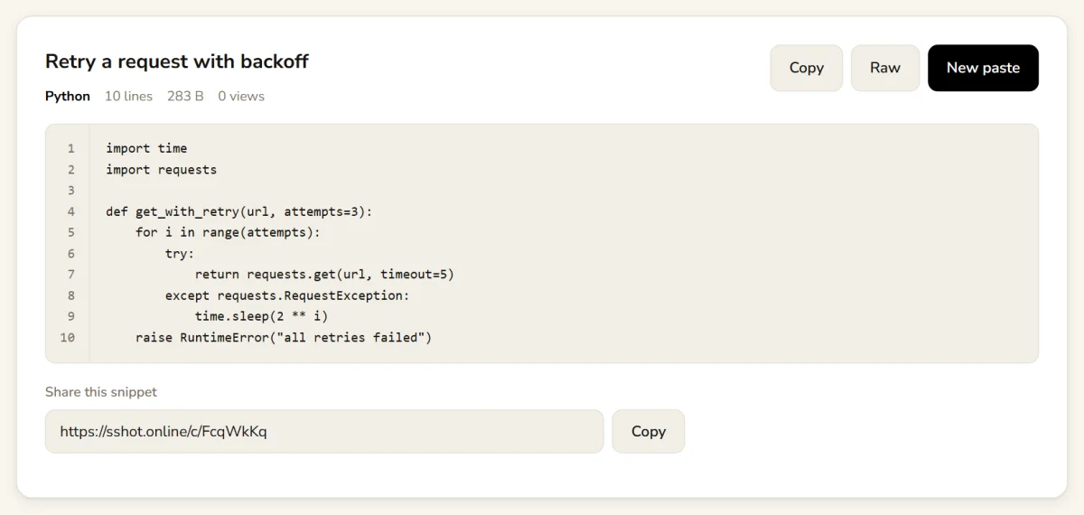 A shared snippet page with line numbers and Copy and Raw buttons