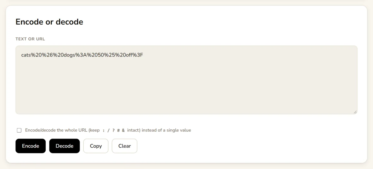 URL encoder showing "cats & dogs: 50% off?" encoded as cats%20%26%20dogs%3A%2050%25%20off%3F