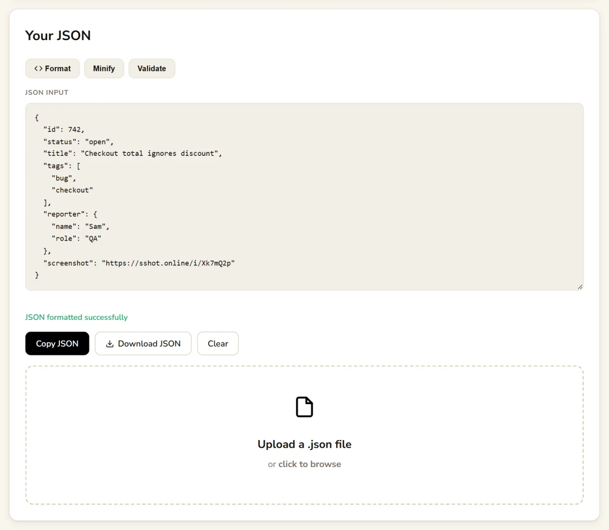JSON formatter showing a formatted JSON object and a success message