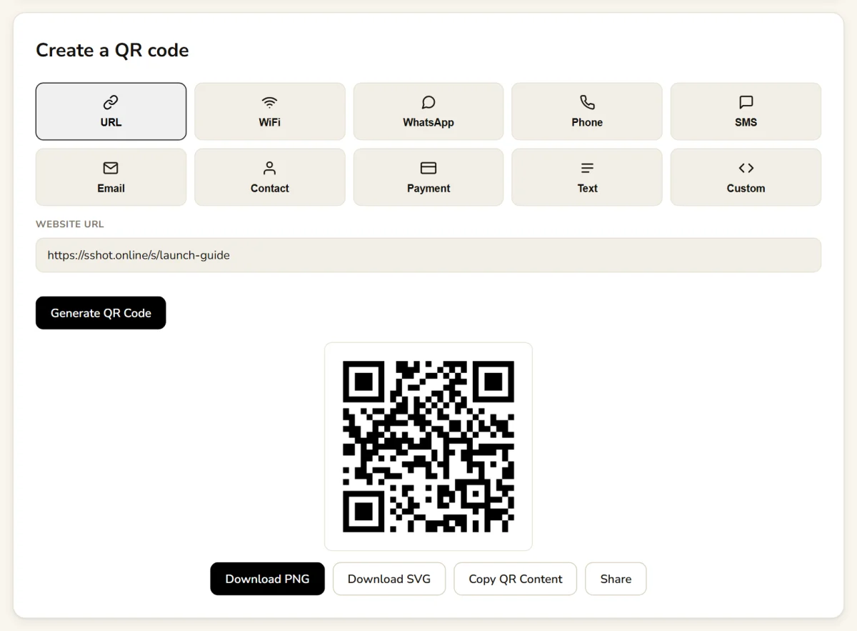 QR code generator with a URL entered and the generated QR code with download buttons
